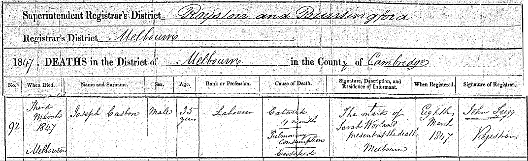 Joseph Casbon death registration 1847