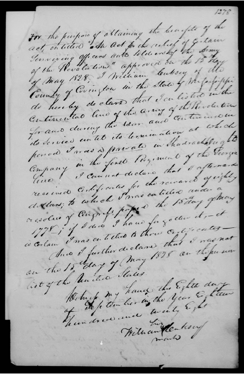Revolutionary War Pension Affidavit of William Cucksey