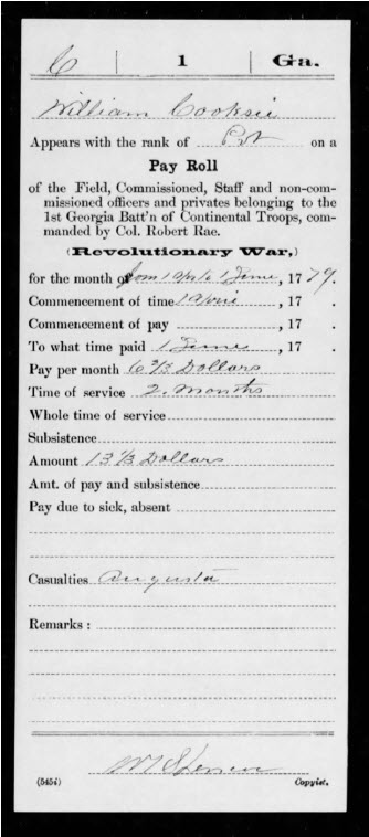 Military Record Service Card for William Cooksee