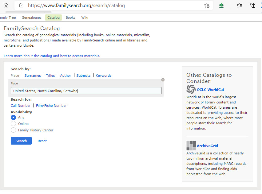 FamilySearch "Search Catalog" 