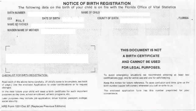 Florida notice of birth registration